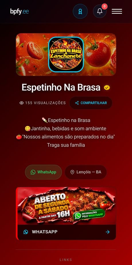 Página real do Espetinho na Brasa no bpfy.ee